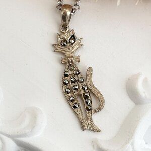 Art Deco Kitty Cat | Kitten Marcasite Sterling Silver Vintage Pendant Necklace